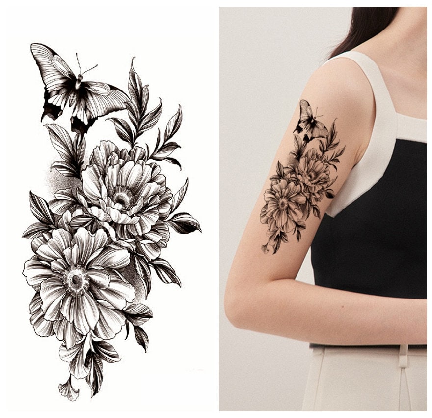 Schmetterling Pfingstrose Schwarze Blume Handzeichnung Körper Tattoos Skizze Blumen Taille Arm Bein Hals Tattoo Ffseries von Etsy - SeasonSticker