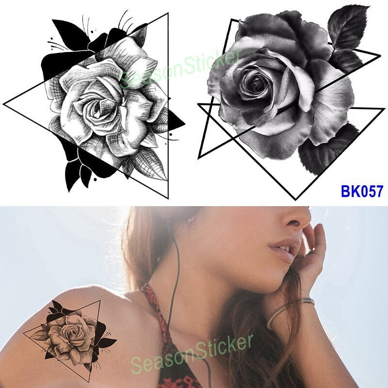 Schwarz Abstrakte Grafiken Formen Rose Halbmond Schlange Rosen Blume Schmetterling Daisy Blatt Körper Taille Arm Hals Temporäre Kunst Tattoos von Etsy - SeasonSticker