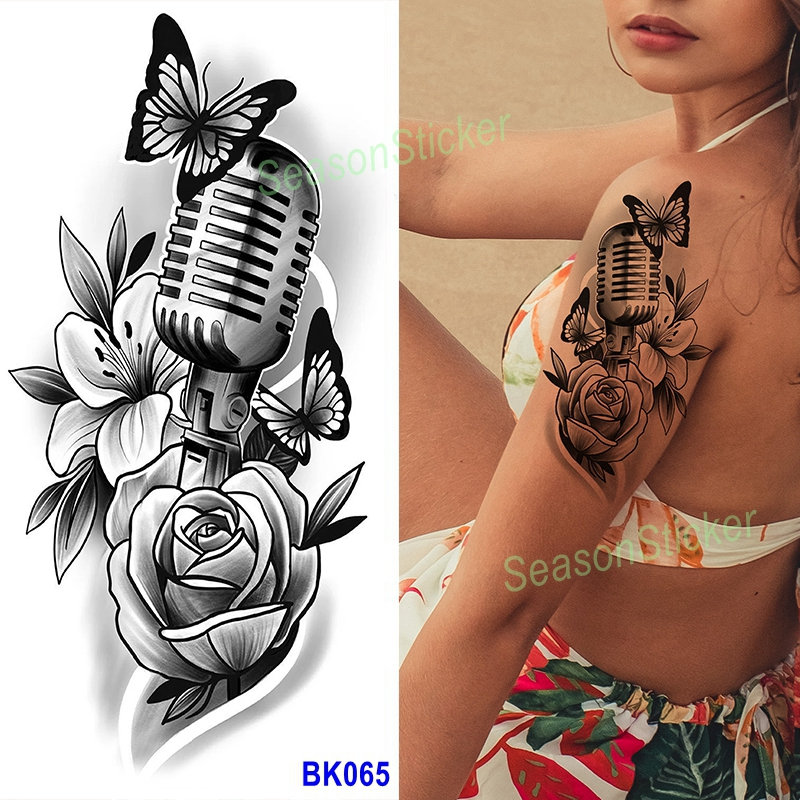 Schwarz Mikrofon Blume Schmetterling Morning Glory Crescent Moon Abstrakte Grafiken Figur Rose Körper Arm Hals Temporäre Tattoo Design Bkseries von Etsy - SeasonSticker