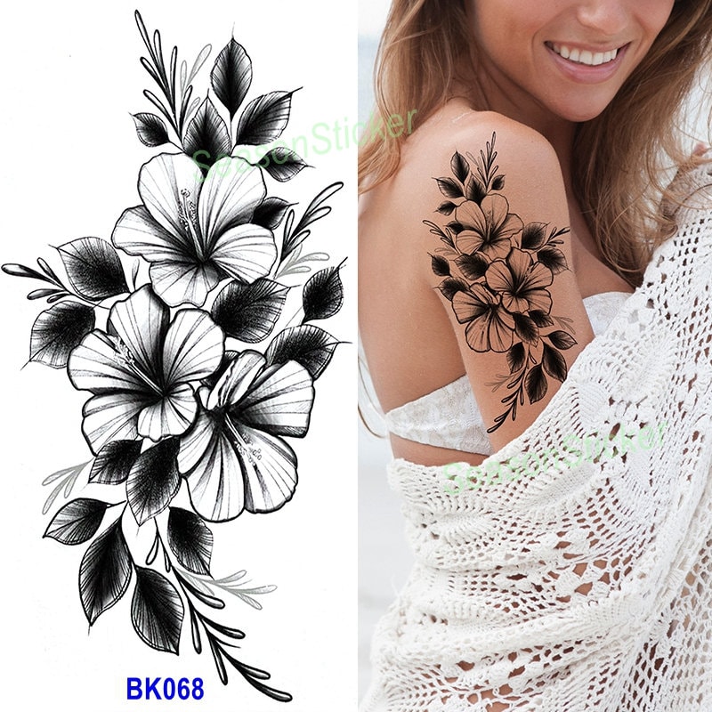 Schwarz Morning Glory Crescent Moon Abstrakte Grafiken Abbildung Mikrofon Blume Schmetterling Rose Körper Taille Arm Hals Temporäre Tattoos Bkseries von Etsy - SeasonSticker