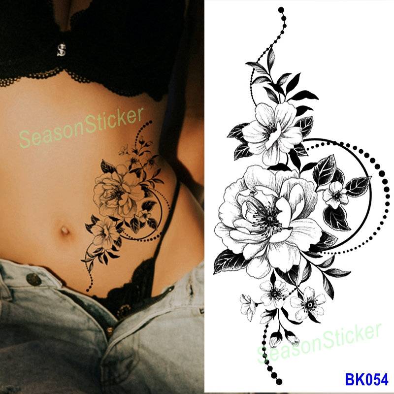 Schwarz Skizze Halbmond Blume Schmetterling Schlange Rosen Gänseblümchen Sonnenblume Blatt Körper Taille Arm Hals Temporäre Kunst Tattoos Bkseries von Etsy - SeasonSticker