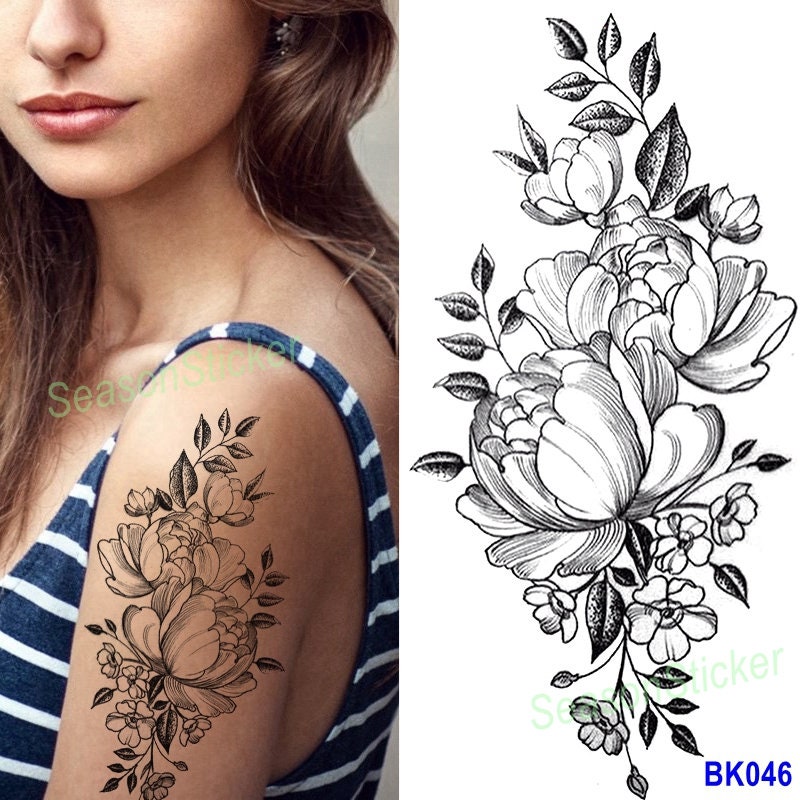 Schwarze Skizze Blume Rose Daisy Sonnenblume Blatt Körper Taille Arm Hals Temporäre Kunst Tattoos Bkseries von Etsy - SeasonSticker