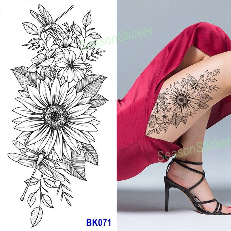 Schwarze Skizze Libelle Sonnenblume Rose Blume Abstrakte Grafik Figur Pistole Körper Taille Arm Hals Temporäre Kunst Tattoos Bkseries von Etsy - SeasonSticker