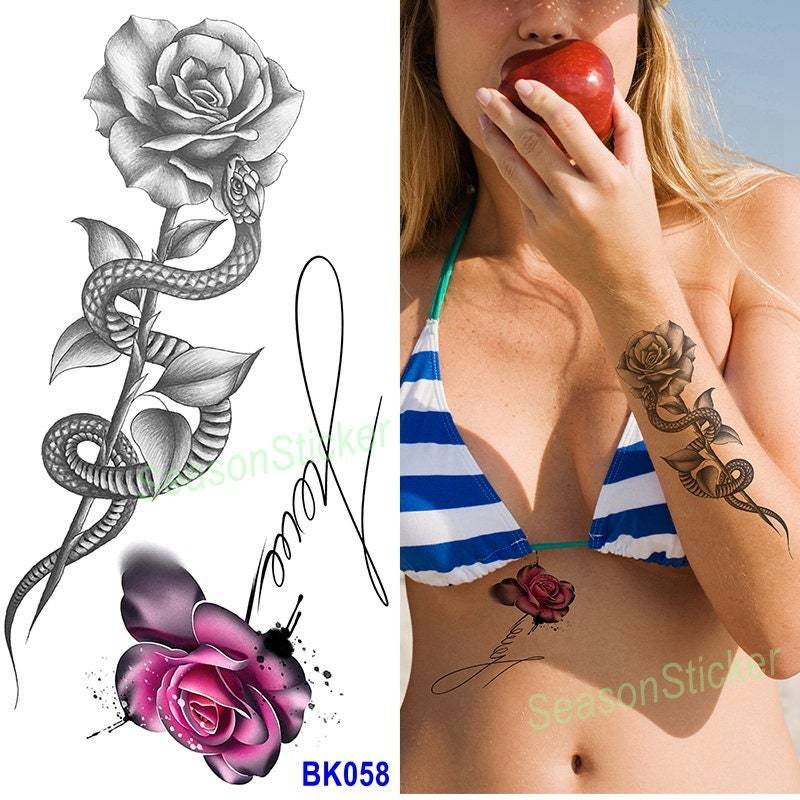 Schwarze Skizze Schlange Rosen Halbmond Blume Schmetterling Daisy Sonnenblume Blatt Körper Taille Arm Hals Temporäre Kunst Tattoos Bkseries von Etsy - SeasonSticker