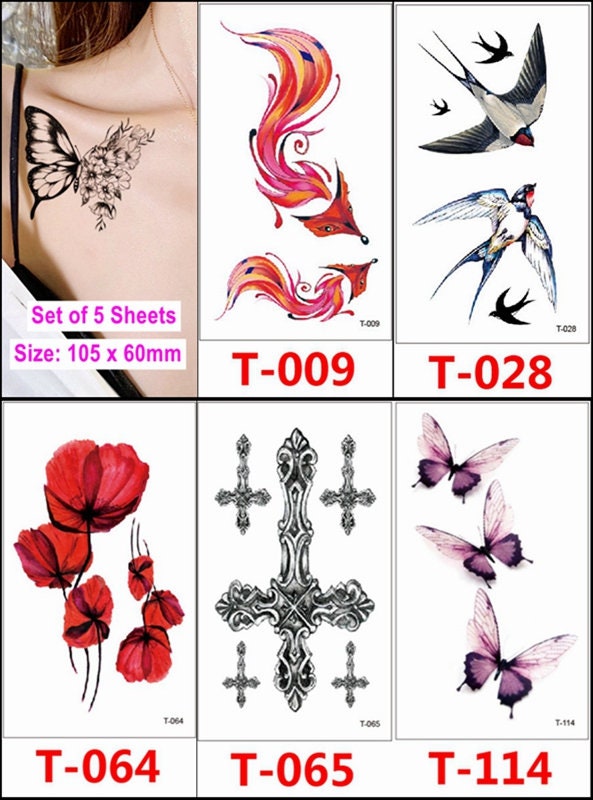 Set Von 5 Blätter Fuchs Schwalbe Schmetterling Blume Kreuz Tierkörper Taille Arm Hals Temporäre Tattoos Xqxseries von Etsy - SeasonSticker