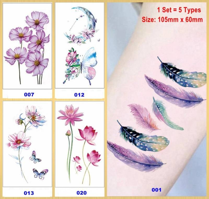 Set Von 5 Blätter Neon Feder Mond Daisy Schmetterling Lotus Blume Körper Taille Arm Hals Temporäre Tattoos Xqxseries von Etsy - SeasonSticker