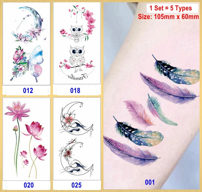 Set Von 5 Blätter Schmetterling Eule Feder Mond Daisy Lotus Blume Körper Taille Arm Hals Temporäre Tattoos Xqxseries von Etsy - SeasonSticker