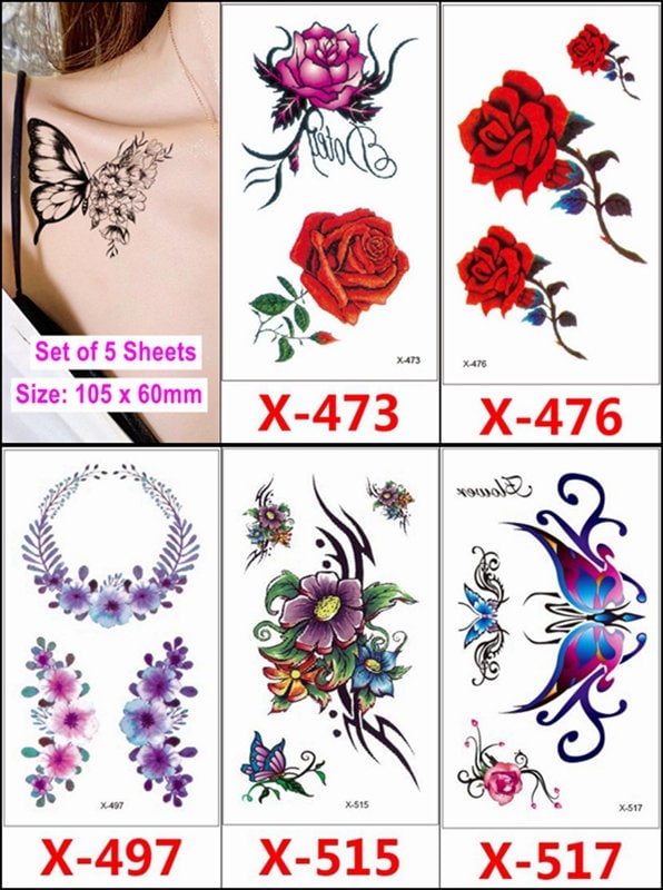 Set Von 5 Blätter Schmetterling Rose Daisy Crown Bunte Körper Taille Arm Hals Temporäre Tattoos Xqxseries von Etsy - SeasonSticker