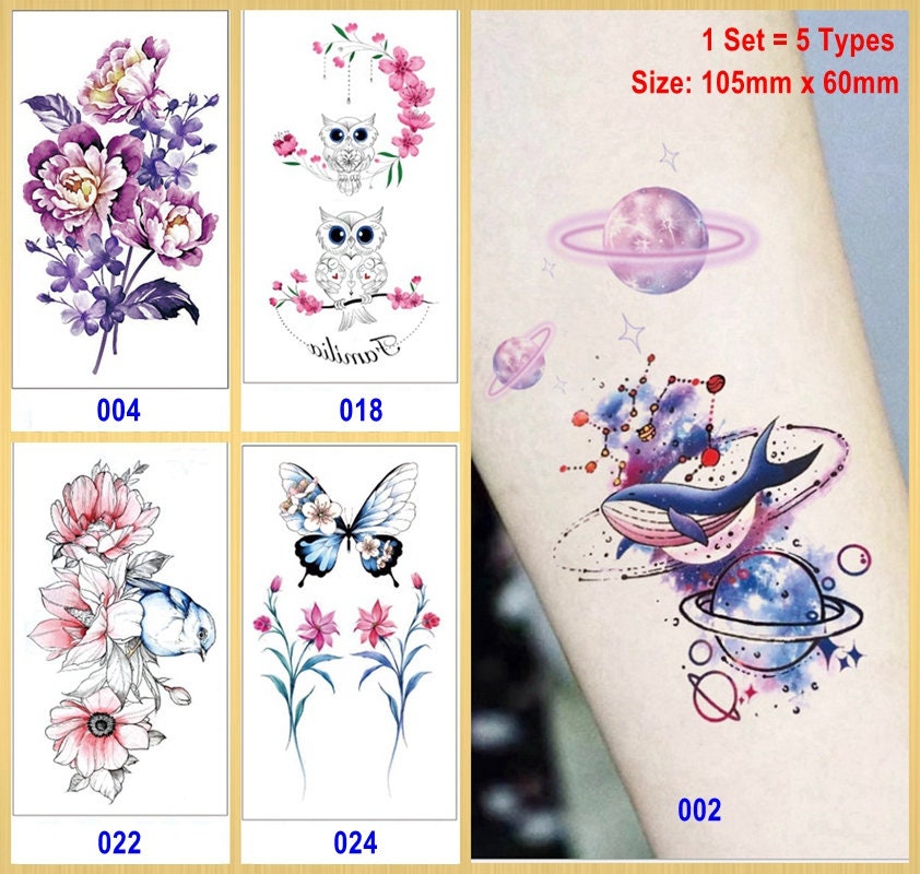 Set Von 5 Blättern Galaxy Planet Schmetterling Eule Vogel Daisy Blume Körper Taille Arm Hals Temporäre Tattoos Xqxseries von Etsy - SeasonSticker