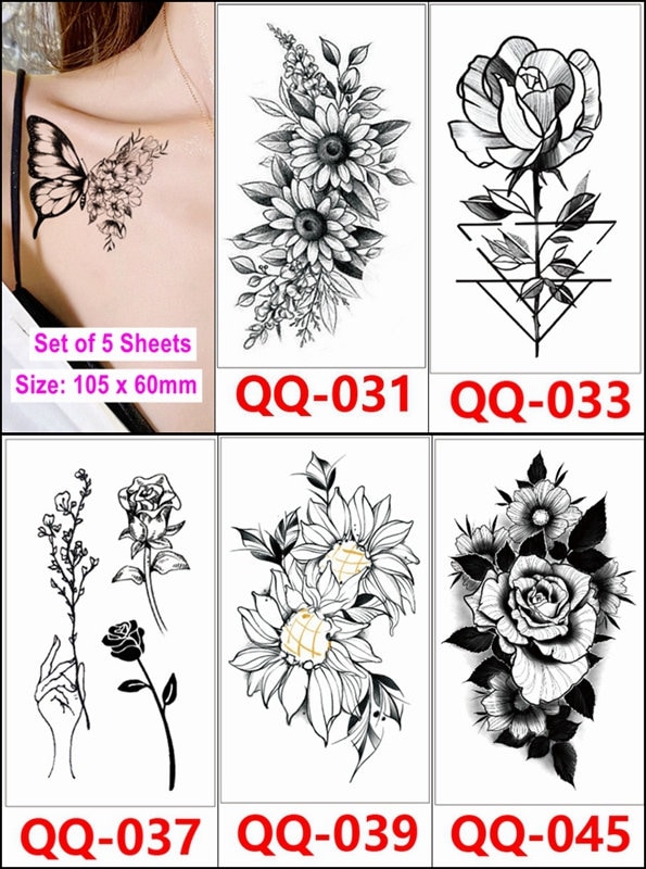 Set Von 5 Blättern Schwarze Sonnenblume Rose Blume in Händen Daisy Körper Taille Arm Hals Temporäre Tattoos Xqxseries von Etsy - SeasonSticker