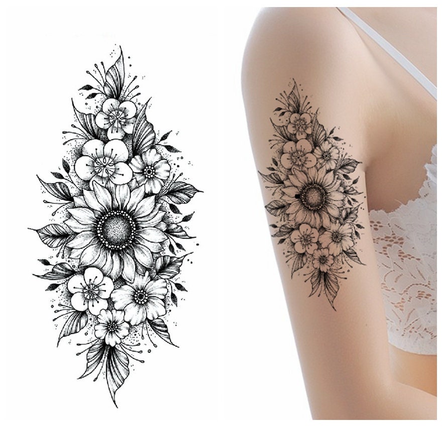 Sonnenblume Blumen Handzeichnung Körper Tattoos Schwarz Skizze Blume Rose Schmetterling Taille Arm Temporäre Ffseries von Etsy - SeasonSticker