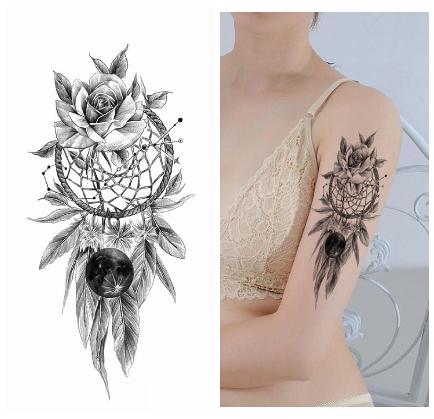 Traumfänger Handzeichnung Blumen Körper Tattoos Dreamcatcher Rose Feder Schwarz Skizze Blumenkörper Taille Arm Temporäre Tattoo Ffseries von Etsy - SeasonSticker