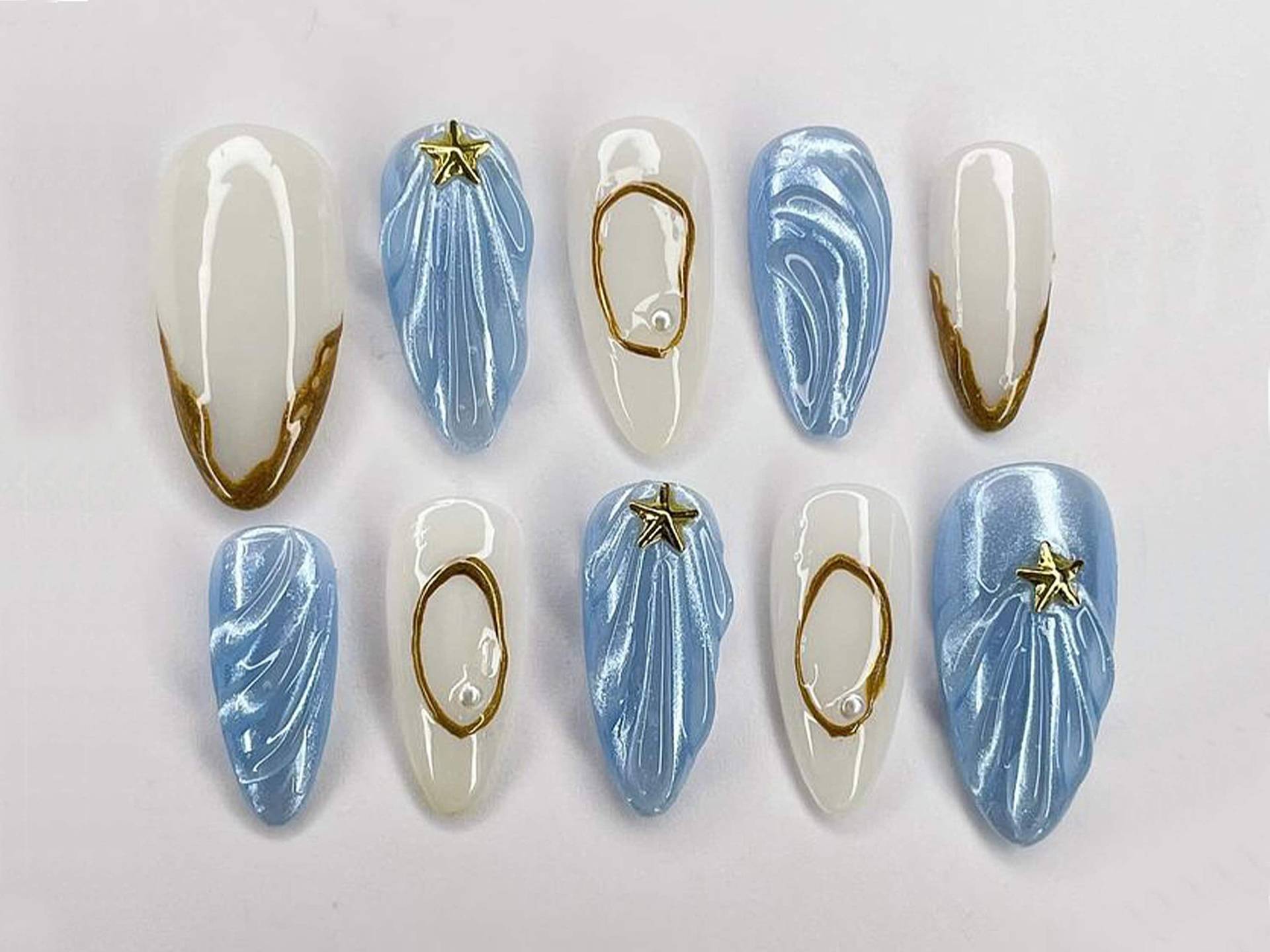 3D Meerjungfrau Drücken Sie Auf Die Nägel | Siren Designs Benutzerdefinierte Handbemalt in Fake Ozean, Marine Gold Gel Trendy Einzigartige Nailart von Etsy - SevenNailArt