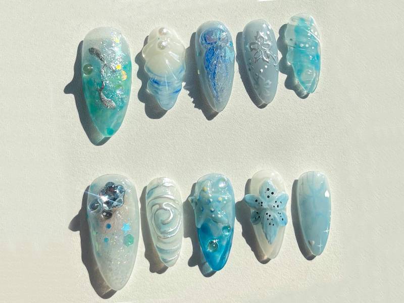 Blau Ozean-Thema Drücken Sie Auf Die Nägel | Sommer Style Funkelnde Qualle, Meerjungfrau Fake 3D Gel Nagel Set Mandel Jc304A von Etsy - SevenNailArt