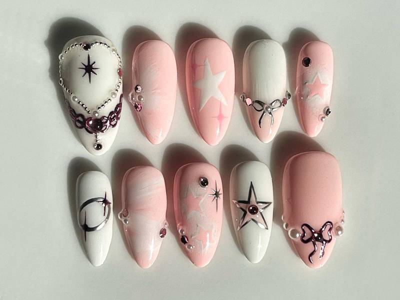 Elegent Pink Drücken Sie Auf Die Nägel | Y2K Press On Nails Mit Perlen Und Stern Heben Sich Hervor 3D Gel Nail Set Niedliche Jc430A von Etsy - SevenNailArt