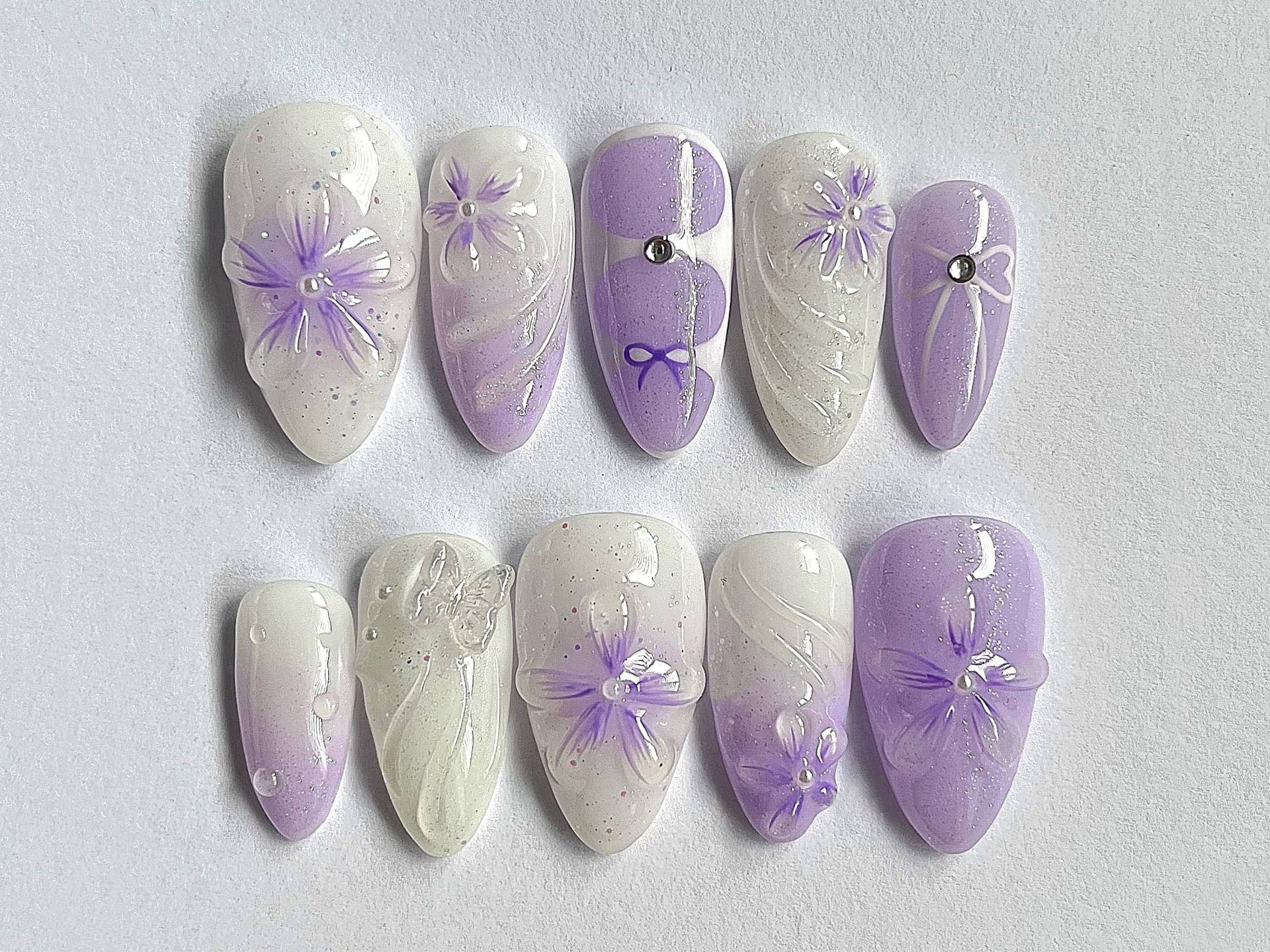 Lavendel Floral Drücken Sie Auf Die Nägel | Lila Ombre Nagel-Set Verträumte Handgemalte 3D Blumen Fairycore Nail Art Perfekt Für Hochzeiten Jc401A von Etsy - SevenNailArt