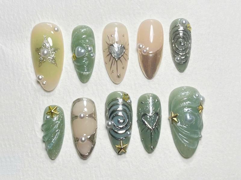 Luxus Press On Nails Mit Sternen Und Perlen | Schick Schimmernd Benutzerdefinierte Kunstnagel-Set Perfekt Für Besondere Anlässe |Jc185S von Etsy - SevenNailArt