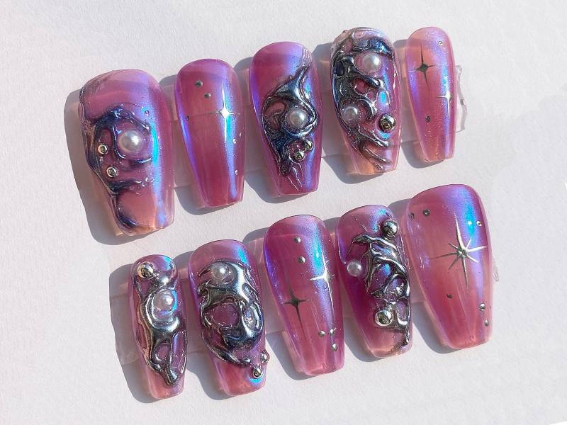 Metallic Chrom Drücken Sie Auf Die Nägel | Mulberry Pink Nagel-Set 3D Silber Gel Nagel Set Acrylnägel Einzigartiges Nageldesign in Fake Nails |Jc145A von Etsy - SevenNailArt