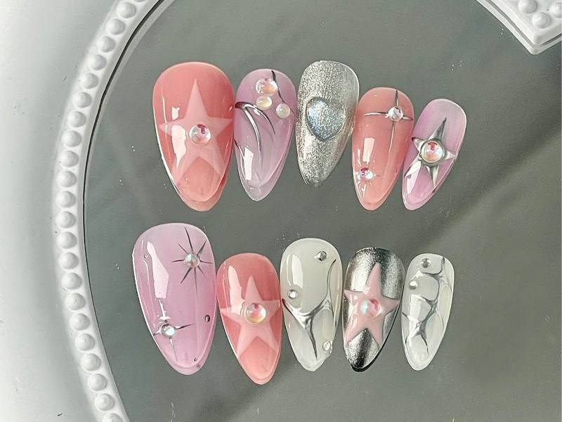 Pink Y2K Nagelset | Drücken Sie Auf Die Nägel Mit Spiegelfinish Und Splitterrosa-Farben 3D Gel X Nagelkunst Geschenk Für Mama Jc299S von Etsy - SevenNailArt