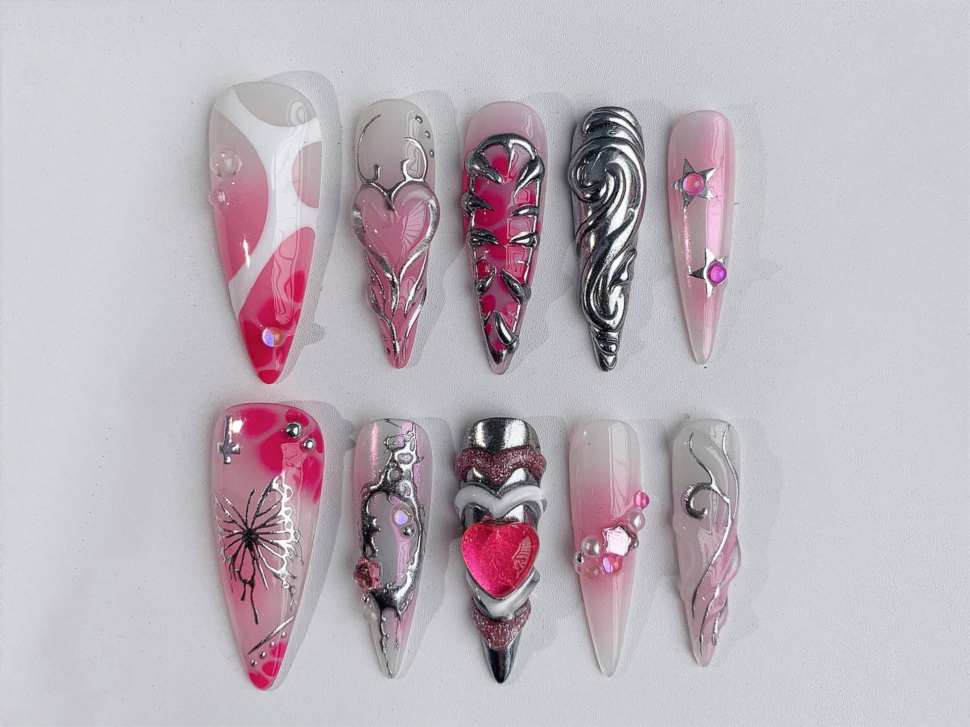 Y2K-Inspirierte Custom Nail Art | 3D Pink Herz Chrome Cute Valentine Fake Nägel Acryl Und Schmetterling Nails Gelxnail Jc106A von Etsy - SevenNailArt