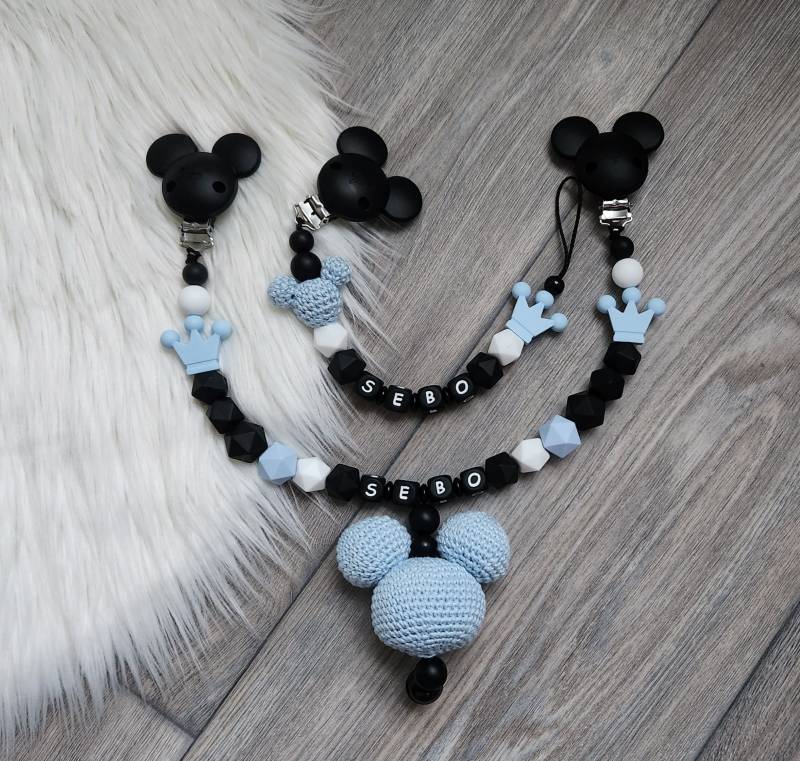 Mickey Maus Set Aus Kinderwagenkette Und Schnullerkette Mit Namen Schwarz Blau Junge Mickymaus Krone von Etsy - StaysisShnullerkette