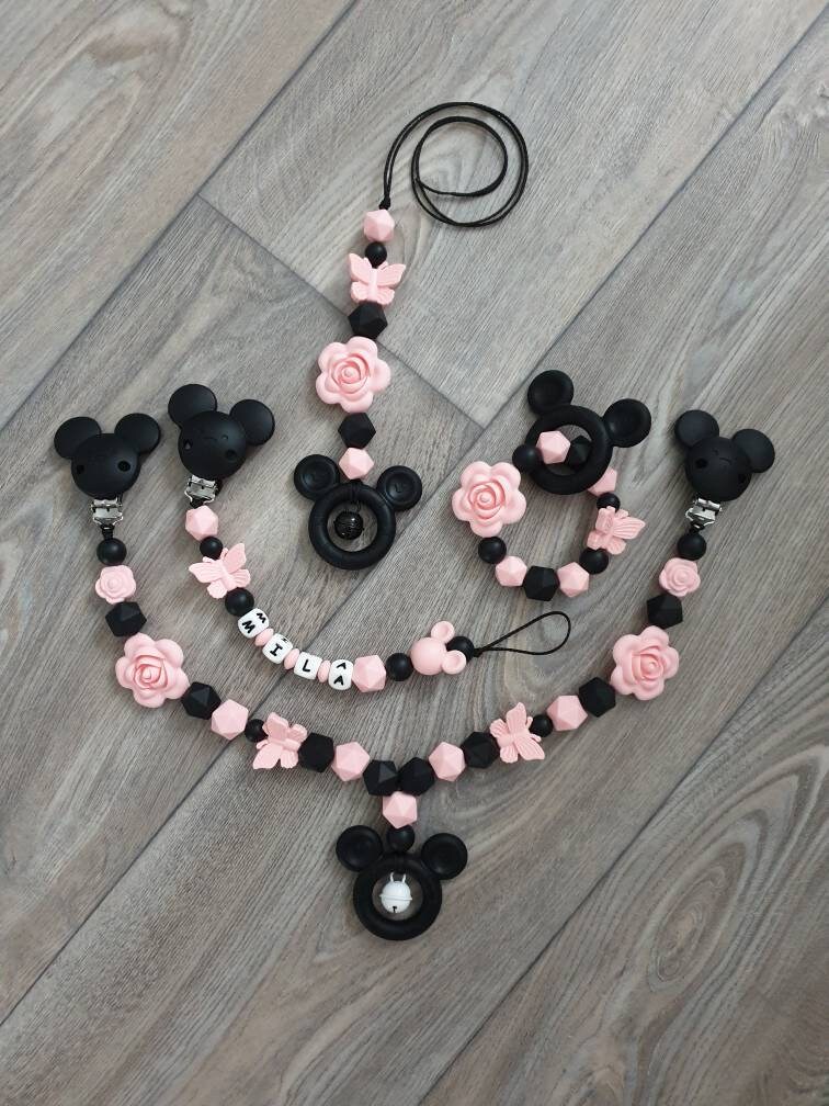 Schnullerkette Kinderwagenkette Set Personalisiert Wunschname Mickey Maus Babyshower Babyparty Taufe Geschenk Geburt Mädchen von Etsy - StaysisShnullerkette