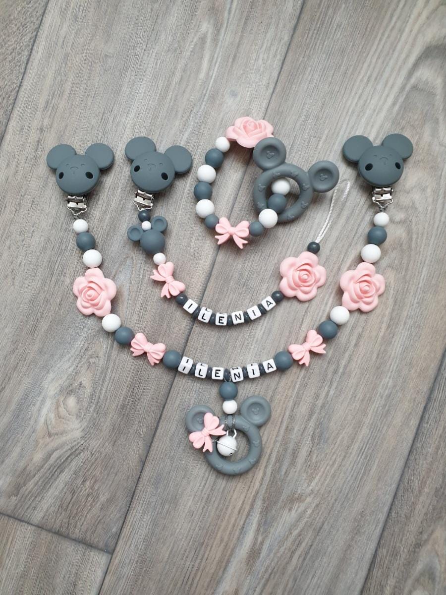 Schnullerkette Mit Namen/Kinderwagenkette Set Mickymaus/ Rose Schleife von Etsy - StaysisShnullerkette