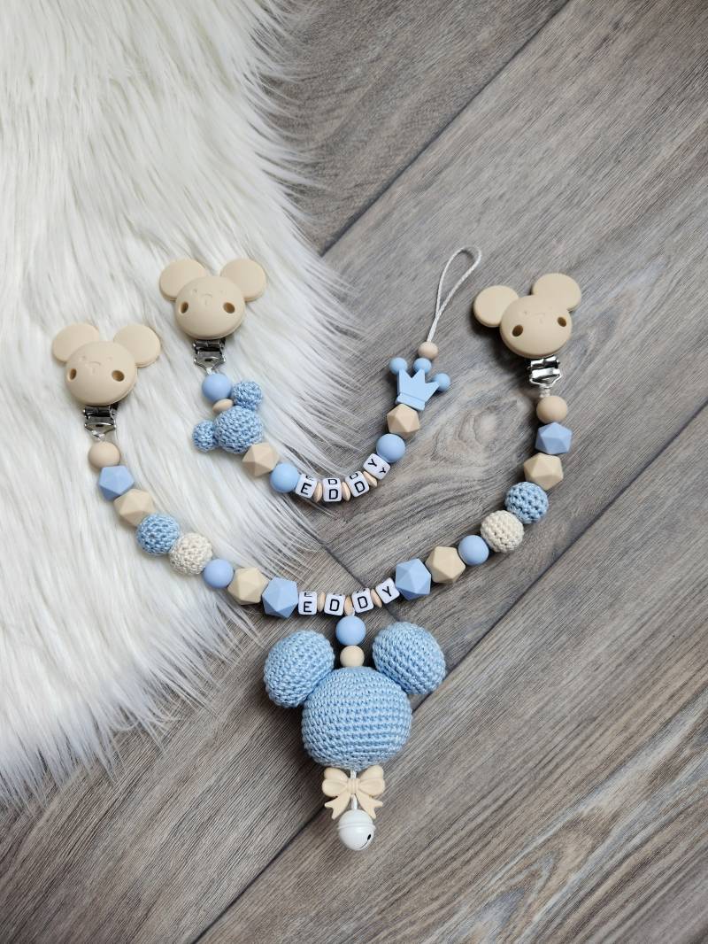 Schnullerkette Personalisiert Junge Mickeymaus Kinderwagenkette Babyparty Blau Beige von Etsy - StaysisShnullerkette