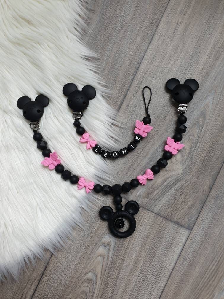 Schnullerketten Set Mit Namen Mickeymaus Kinderwagenkette Schwarz Schnullerkette Schwarz Pink Schmetterling Schleife von Etsy - StaysisShnullerkette