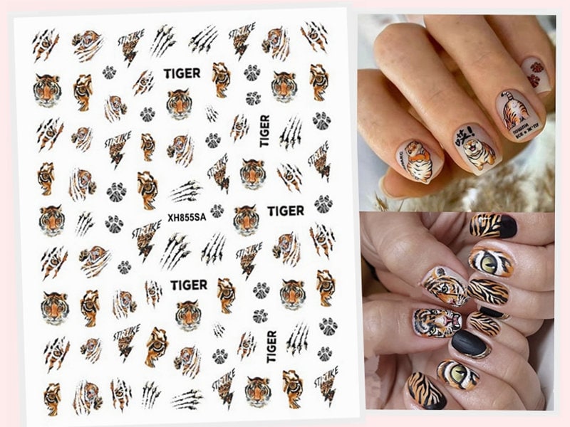 Tiger-Print-Nagelkunst-Aufkleber, Abziehbilder, Tierdruck, Tiger, Kratzklaue, Löwe, Leopard, Biene, Vögel, Marienkäfer, Selbstklebend, Wgsa von Etsy - StickerRay