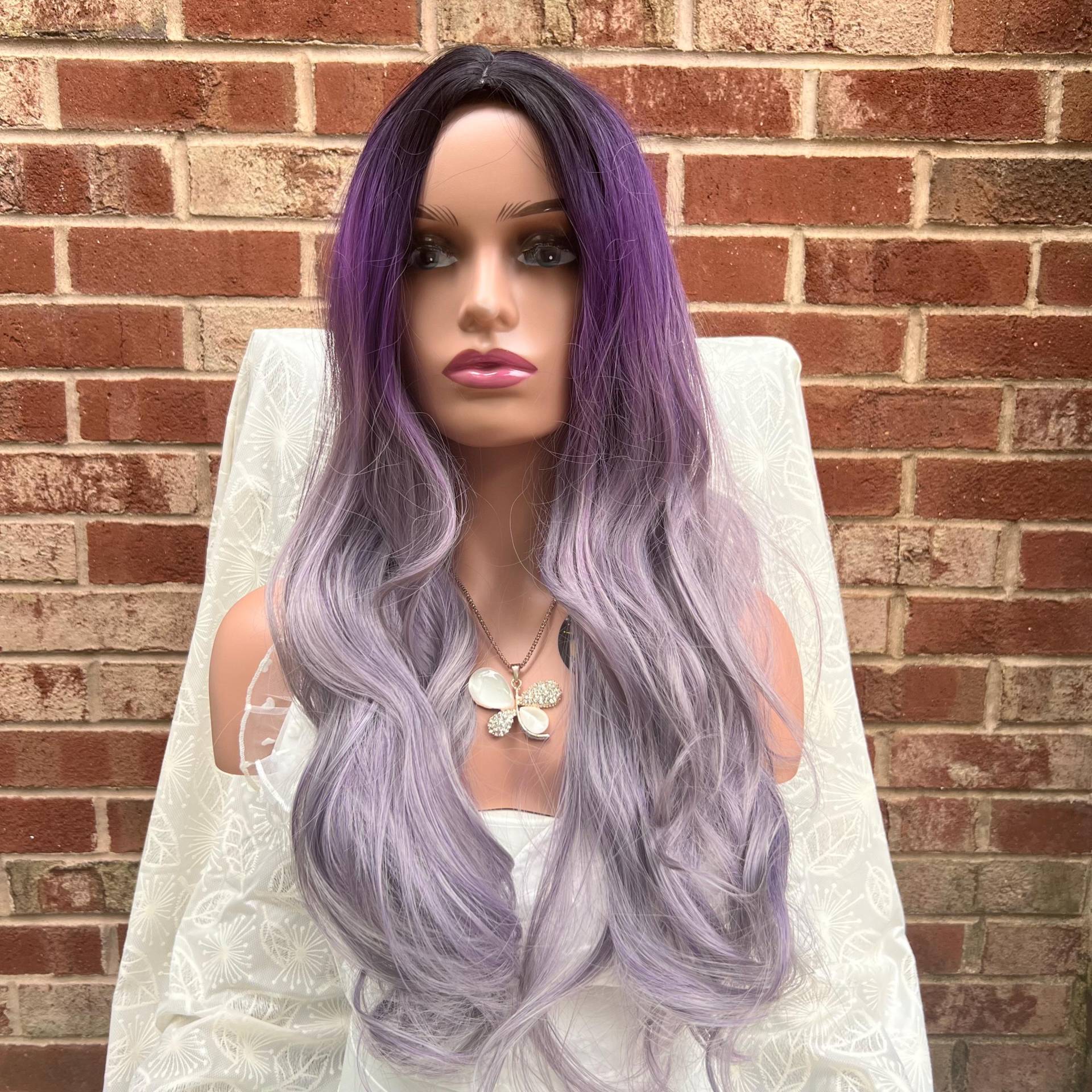 Lange Ash Lila/Grau Medium Split Natürliche Wavy Ombre Perücken Hitze Beständige Perücke Cosplay Party Bunte Styled von Etsy - SugarFashionDesign