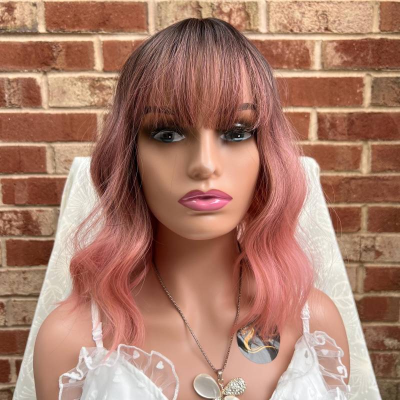 Schulterlange Dusty Rose Pink Natürliche Welle Ombré Bob Perücke Mit Air Pony Für Frau/Hitzebeständige Natürlich Aussehendes Haar Weihnachten von Etsy - SugarFashionDesign