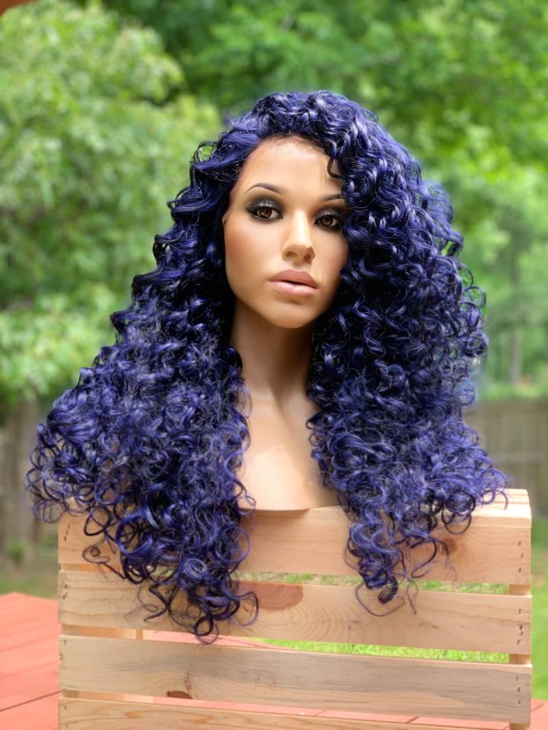 Blau-Schwarz-Mix-Locken Layered 20 "Spitze-Front-Perücke Multi Part von Etsy - SunnyWigs