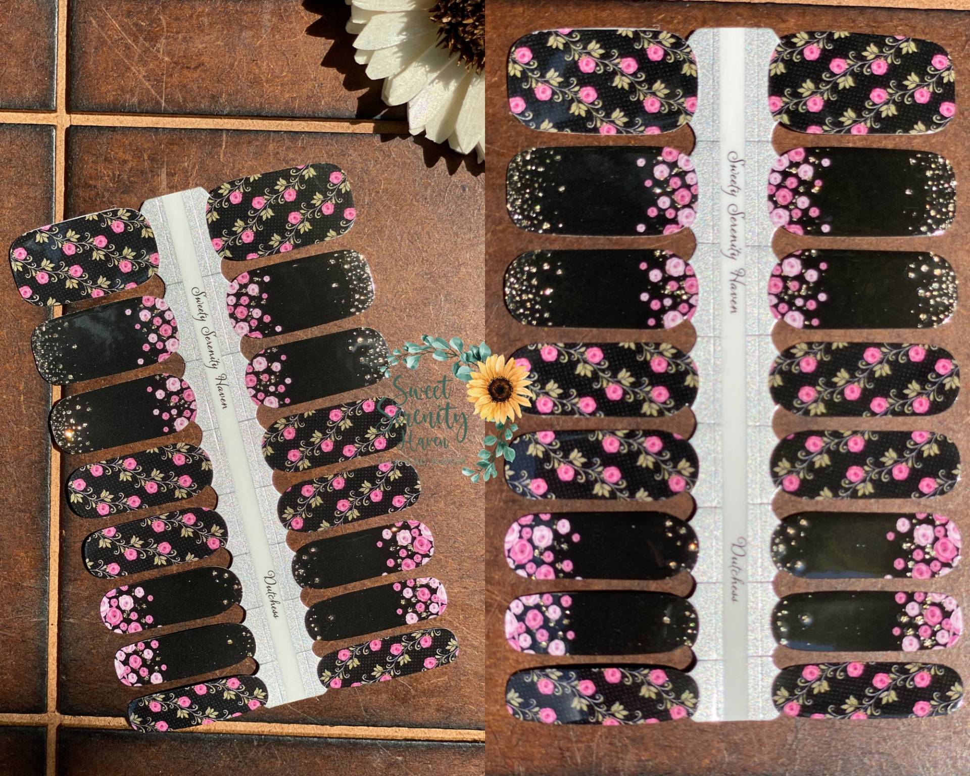 Dutchess Nail Polish Wraps; Schwarze Und Pinke Nagelstreifen; Glänzend; Rose Blume Art; Florales Design von Etsy - SweetSerenityHaven