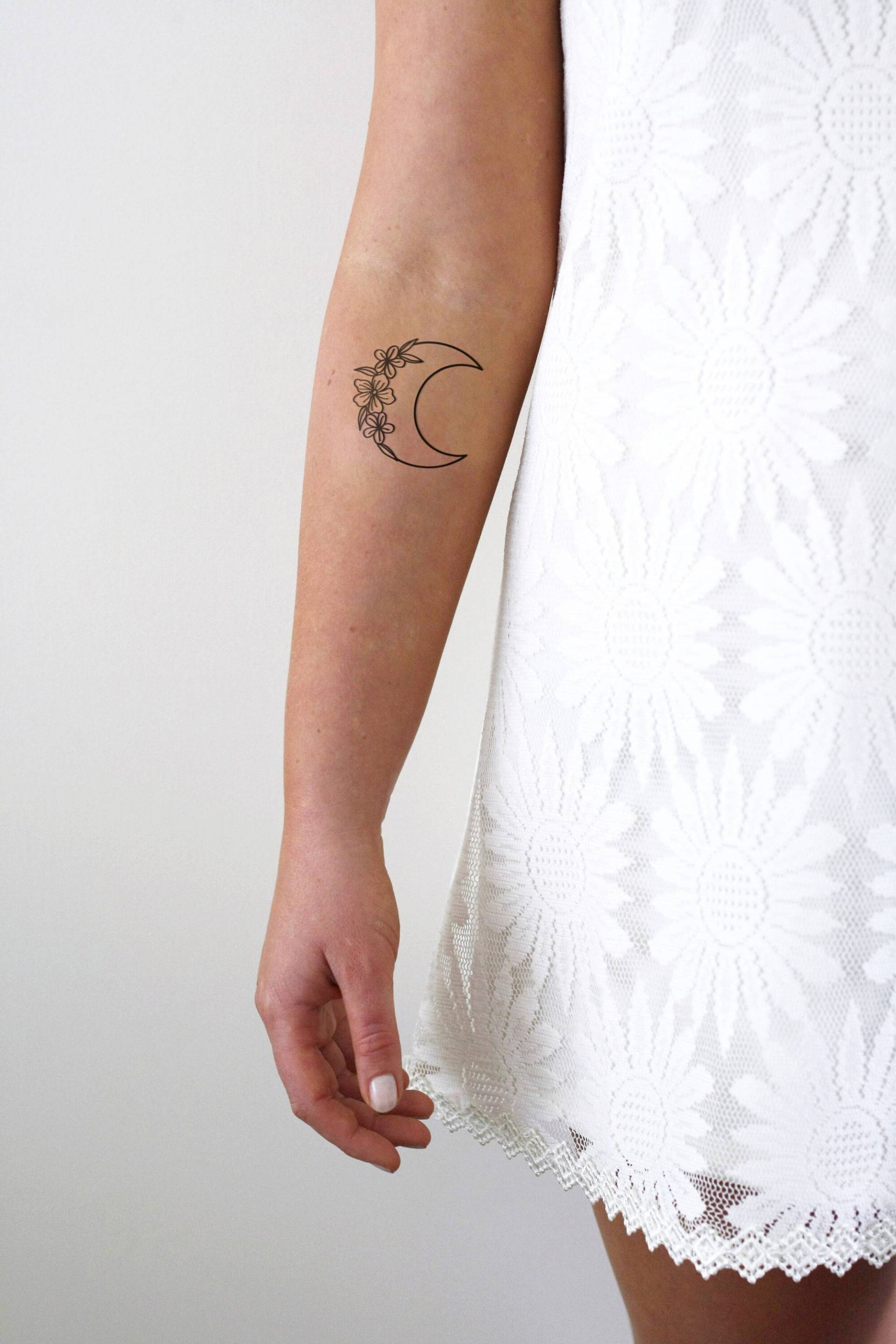 Mond Und Blumen Temporäres Tattoo | Zunehmender Schmuck Boho Florales von Etsy - Tattoorary