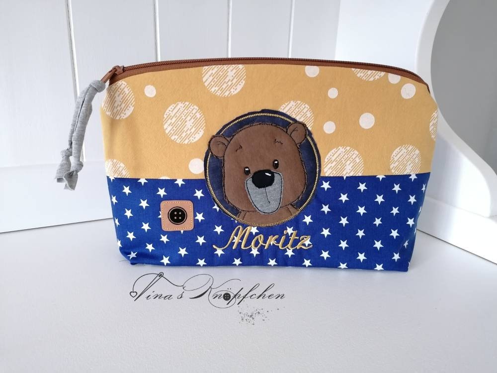 Kulturtasche /Windeltasche , Personalisierbar, Senfgelb/Blau, Teddybär, Mit Name/Taufgeschenk/Geschenk Zur Geburt von Etsy - TinasKnoepfchen