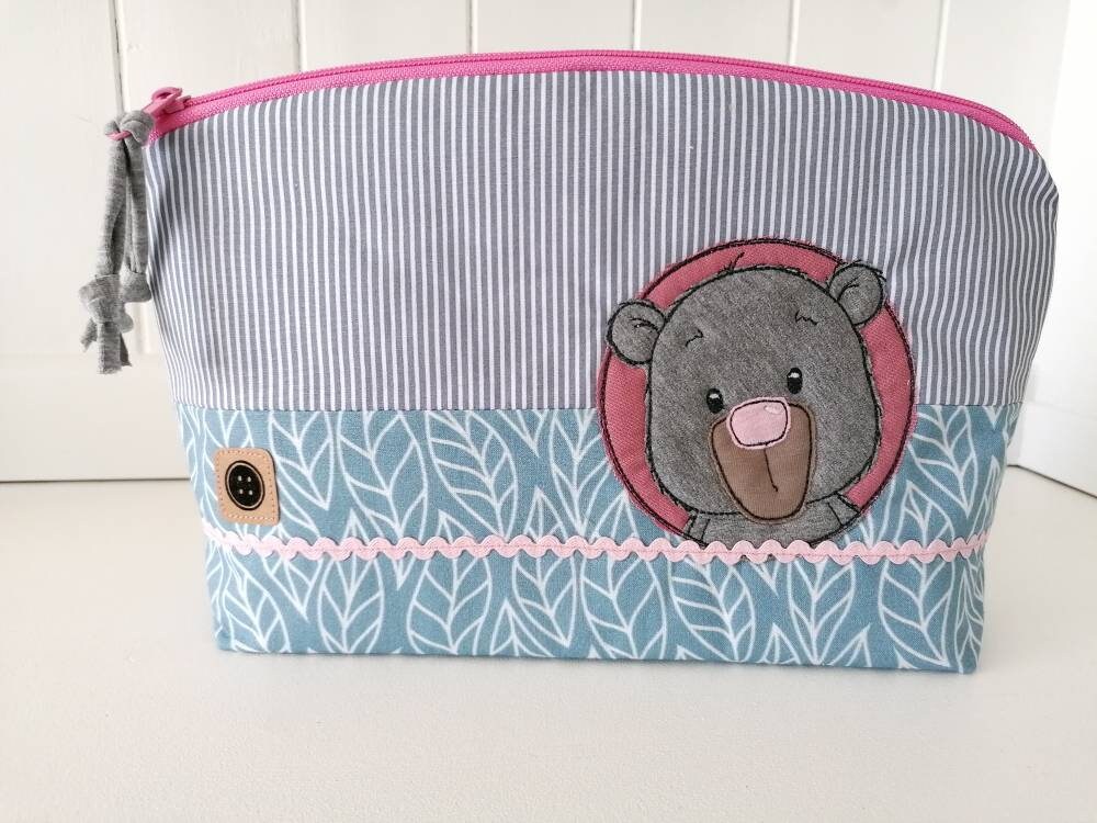 Kulturtasche /Windeltasche Personalisierbar , Pastellblau/Grau, Teddybär, Geschenk Zur Geburt von Etsy - TinasKnoepfchen