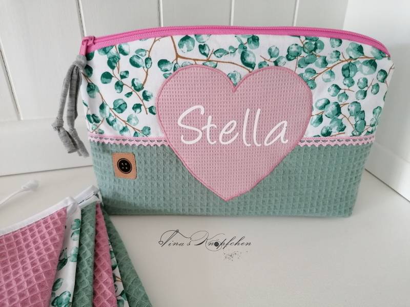 Windeltasche Mit Name Für Mädchen, Altrosa /Grün-Grau, Geschenk Zur Geburt, Baby, Taufgeschenk, Eucalyptus von Etsy - TinasKnoepfchen