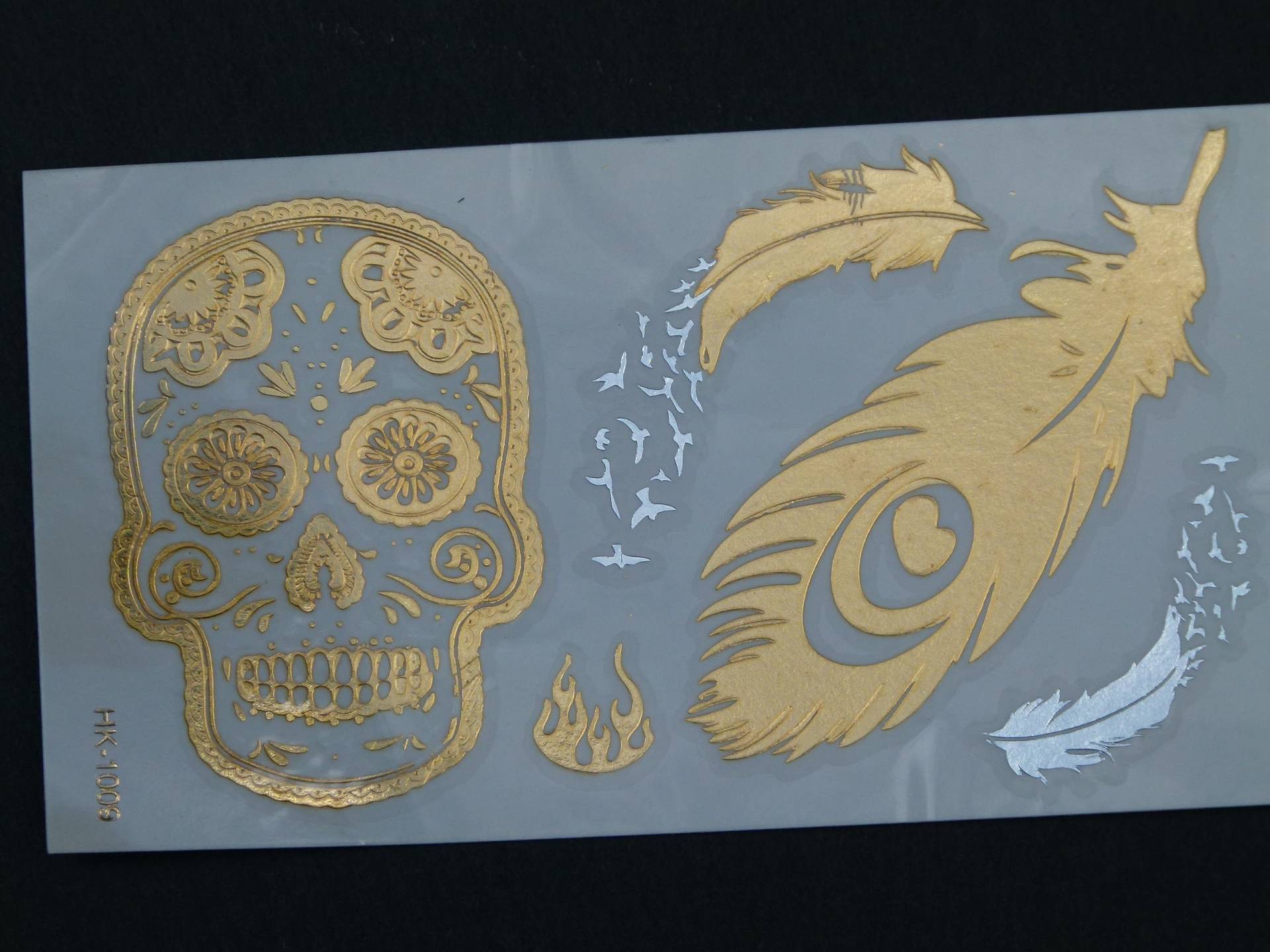 Nr. 019 - Temporäres Tattoo Gold Goldfarben Silber Skull Feder Bodytattoo Körpertattoo Fake Faketattoo Körperbild von Etsy - TinkyStarShop