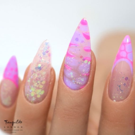 Fusion Pink/Lila Glitzer French Nail Art Akzent Melody Press On Nails | Nägel Falsche Aufkleben Langer Stiletto von Etsy - TranquiliteLondon