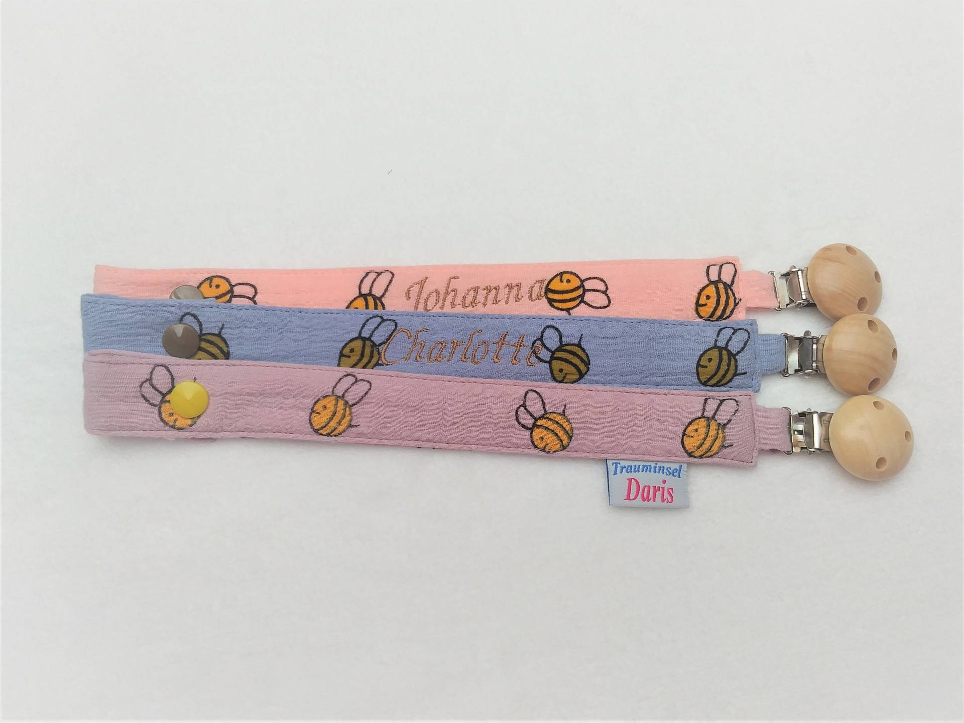 Schnullerband Mit Namen Aus Musselin Bienchen von Etsy - TrauminselDaris