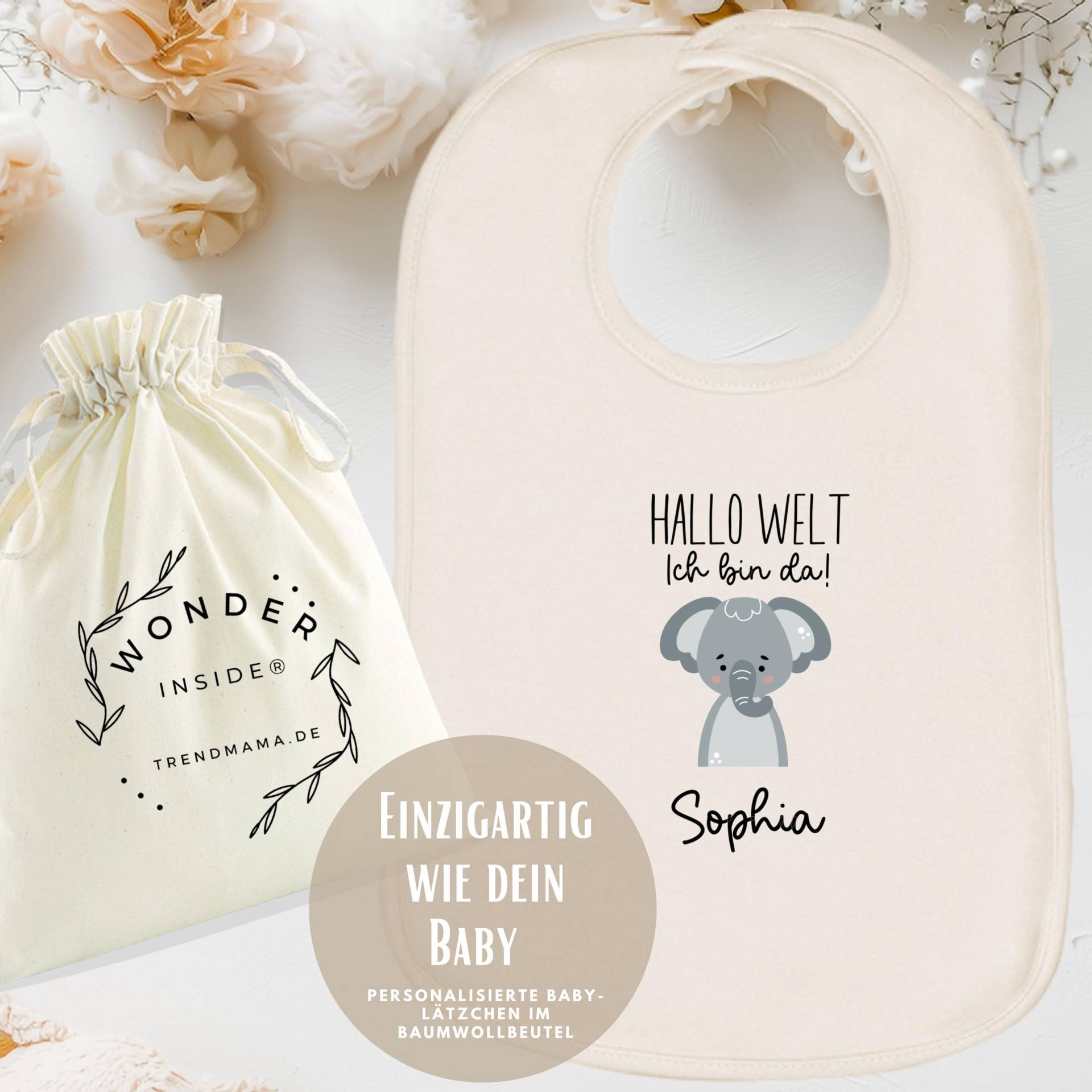 Personalisiertes Babylätzchen - Mit Namen |Geschenk Geburt, Baby Shower & Taufe | Baby-Lätzchen Design Elefant |Im Geschenk Baumwollbeutel von Etsy - TrendMama