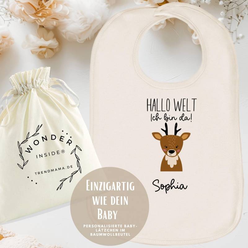 Personalisiertes Babylätzchen - Mit Namen |Geschenk Geburt, Baby Shower & Taufe | Baby-Lätzchen Hirsch Design| Im Geschenk Baumwollbeutel von Etsy - TrendMama