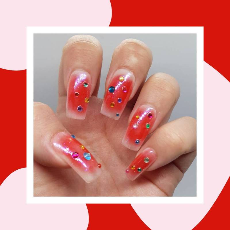 Kate - Rote Aura Druck Auf Nagel Mit Rosa Schimmerndem Mantel Und Strasssteinen von Etsy - VeryJazzyNails