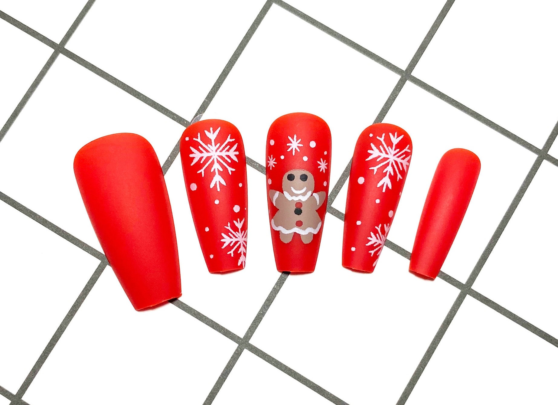 24 Stück Weihnachten Press On Nail | Lang Sarg Knallrot Lebkuchen Schneeflocke von Etsy - Wackazz