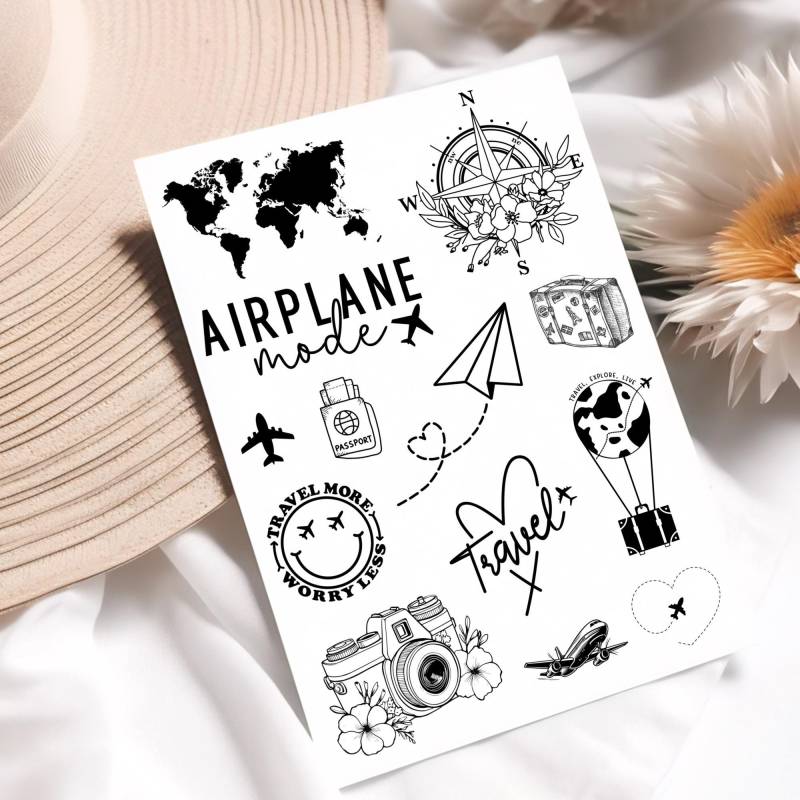 Reise Tattoo Set - Temporäre Tattoos Travel & Adventure Flugzeug, Kompass, Weltkarte von Etsy - ZakuraInkt