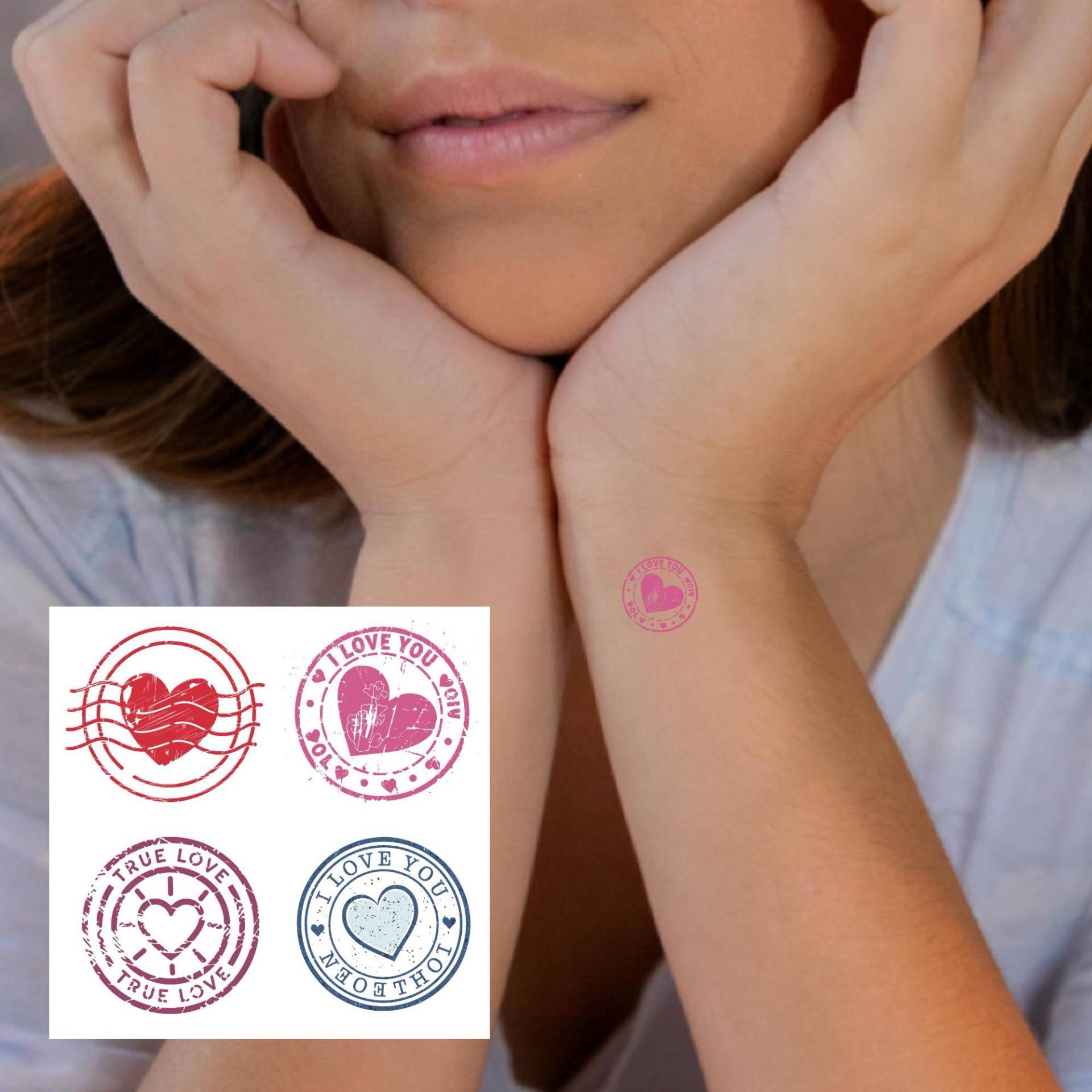 stempel Im Briefmarkenlook Temporäre Tattoos - 4 Verschiedene Designs Und Farben Valentinstag Herzstempel Mit I Love You von Etsy - ZakuraInkt