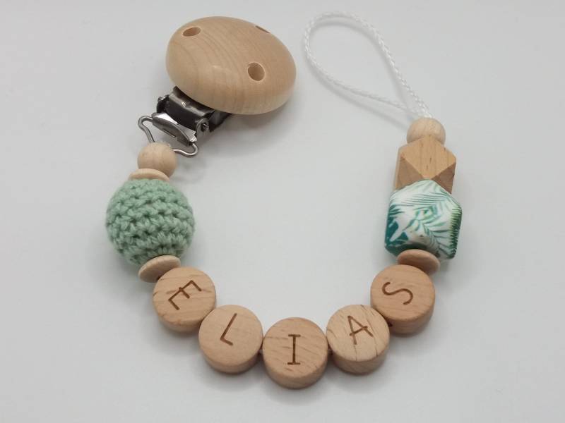 Schnullerkette Mit Name in Mint Und Holzfarben, Blätter von Etsy - babyletter