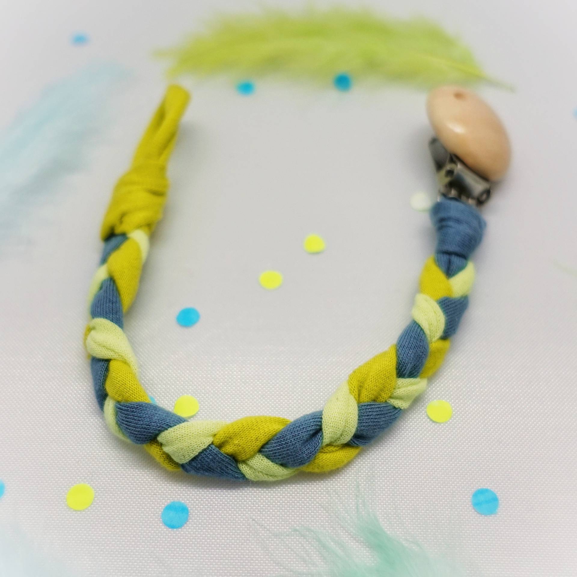 Schnullerband Geflochten, Recycelt, Schnullerkette, Jersey, Gelb, Blau, Grün von Etsy - beKindConcept