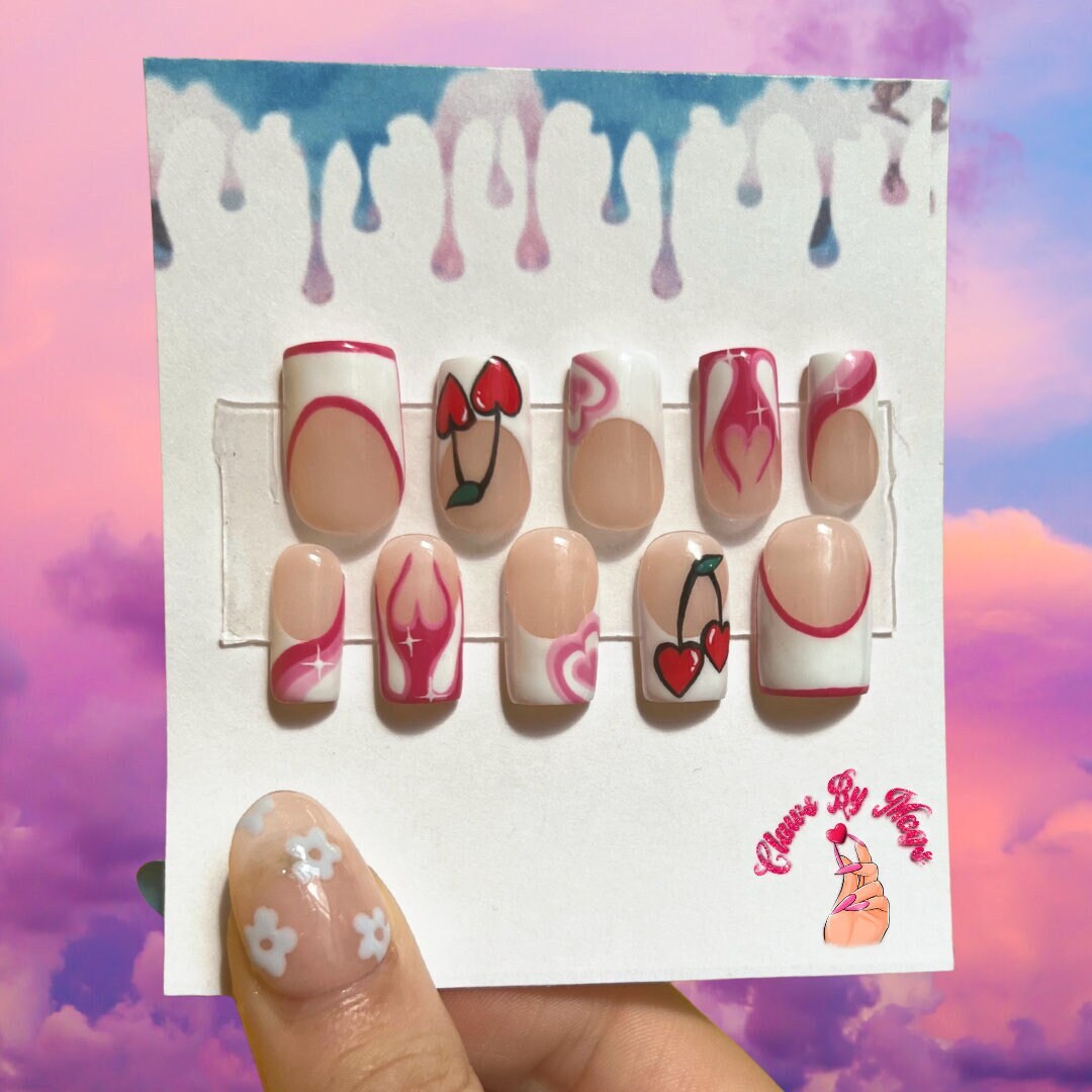 Valentines Drücken Sie Auf Die Nägel | Day Nails |Kirsche Press Ons Krallenbymags von Etsy - clawsbymags